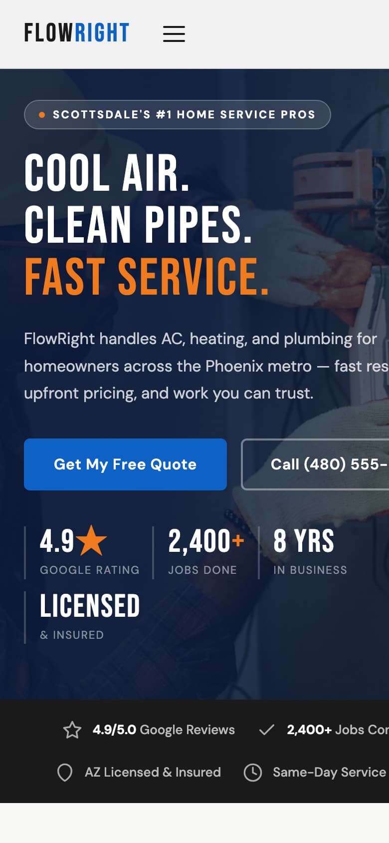 FlowRight Home Services example website, mobile