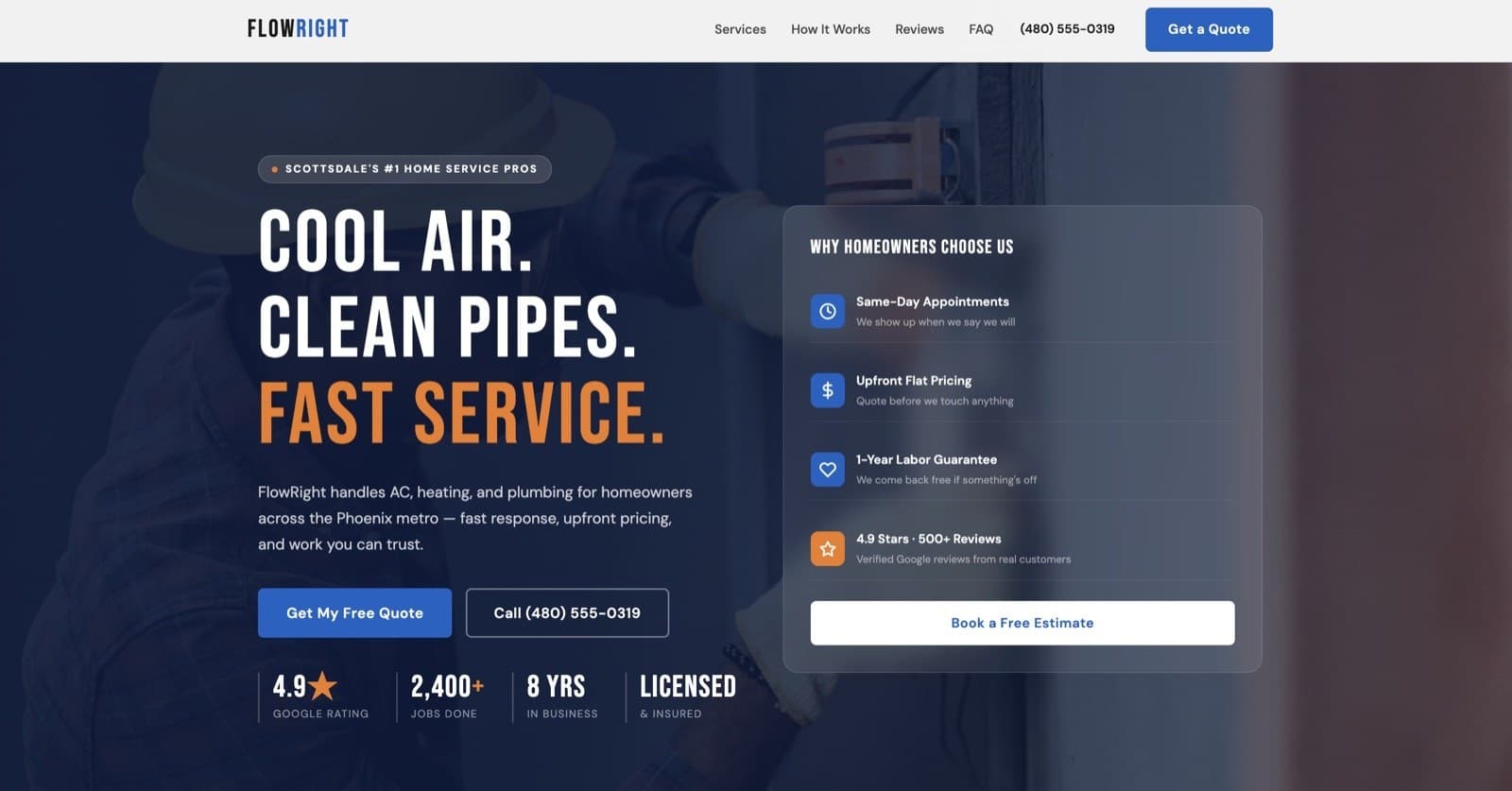 FlowRight Home Services example website, desktop
