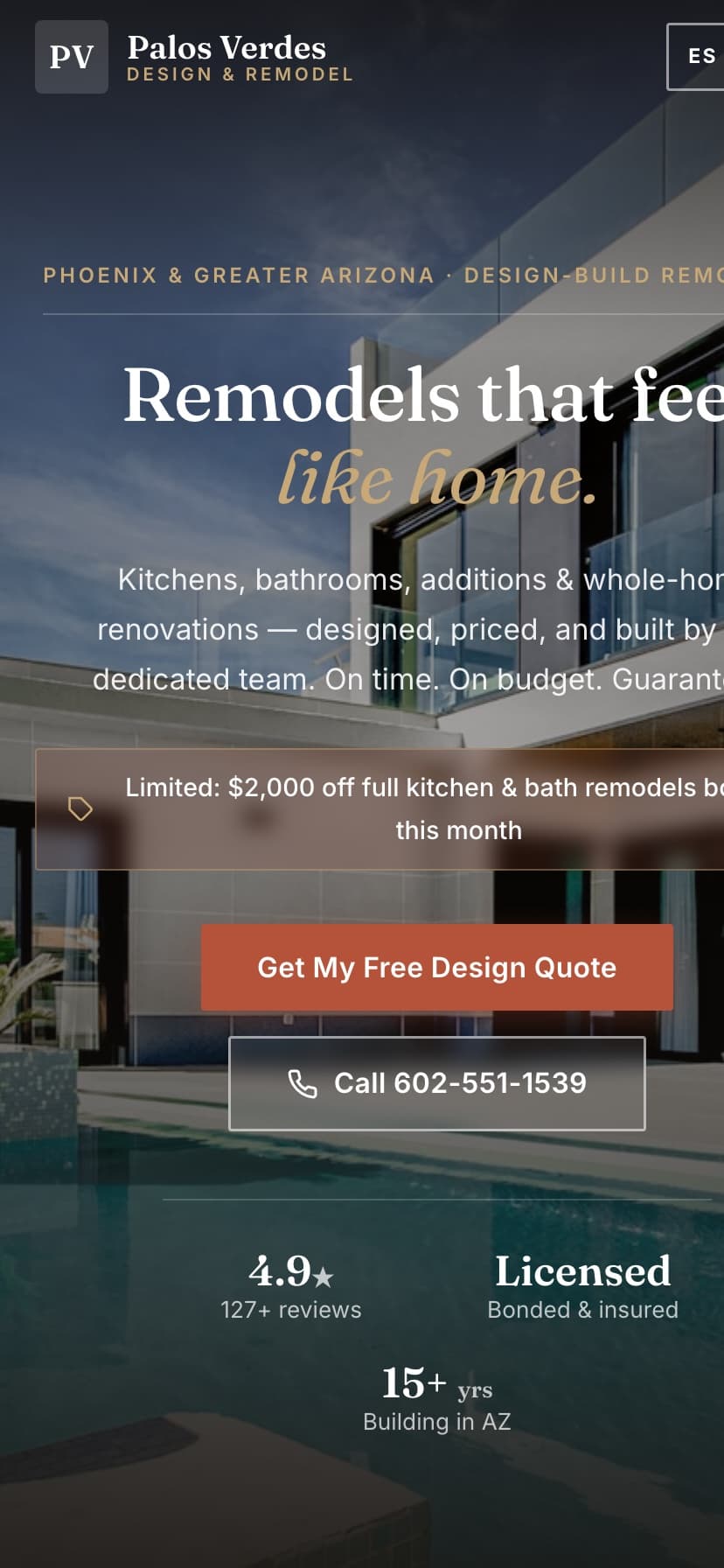 Palos Verdes Design & Remodel example website, mobile